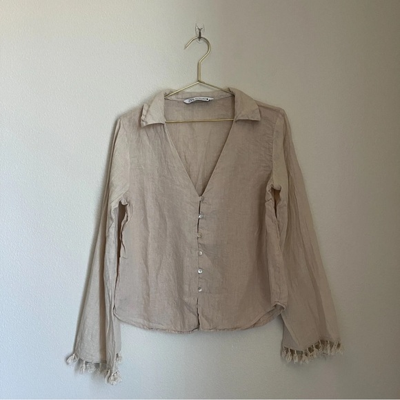 Zara Linen Fringe Bell Sleeve Button Down in Beige - Picture 3 of 6